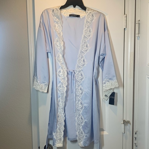 Ralph Lauren Robe Short Wrap Blue Lace Trimmed Size Small New - Picture 3 of 8